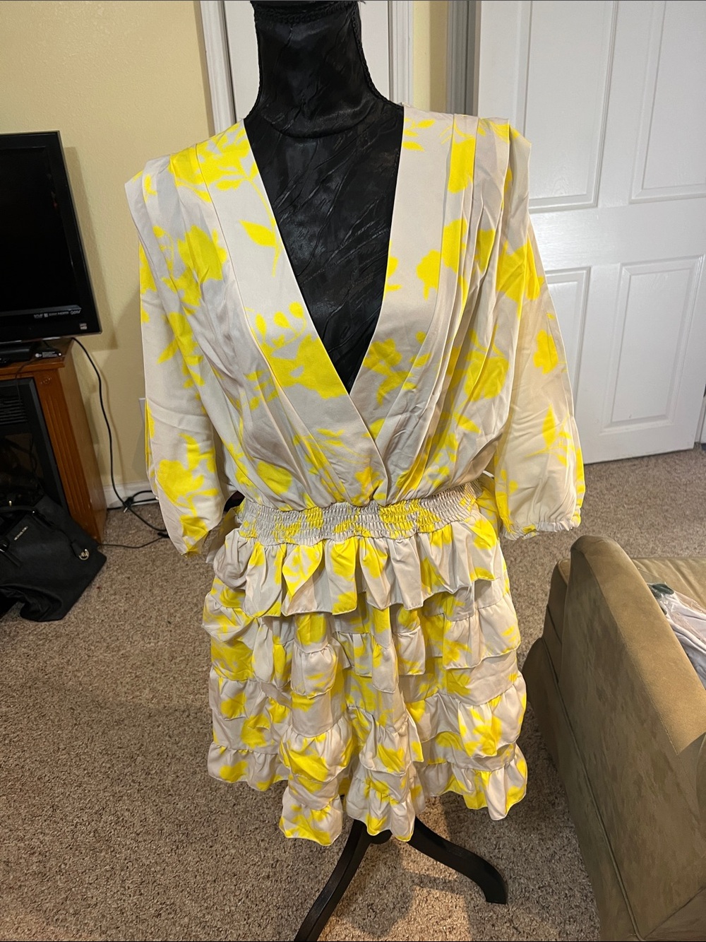 Unk Yellow and Cream Floral Ruffled Mini Dress